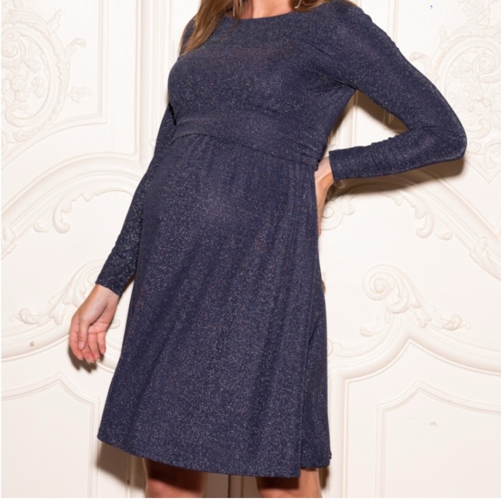 Seraphine Shimmering Navy Long Sleeve Maternity and Nursing Dress